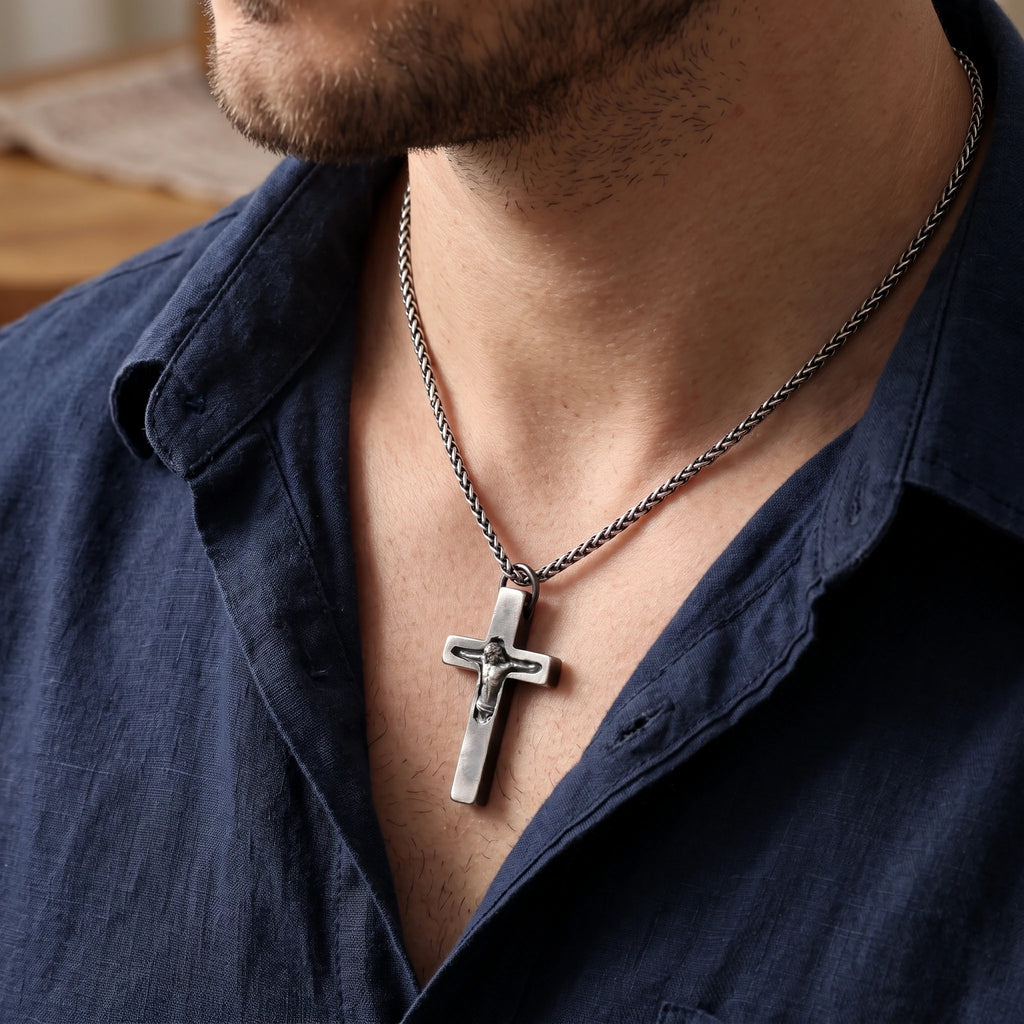 Custom Engravable 925 Silver Inset Crucifix Heirloom Jesus Pendant