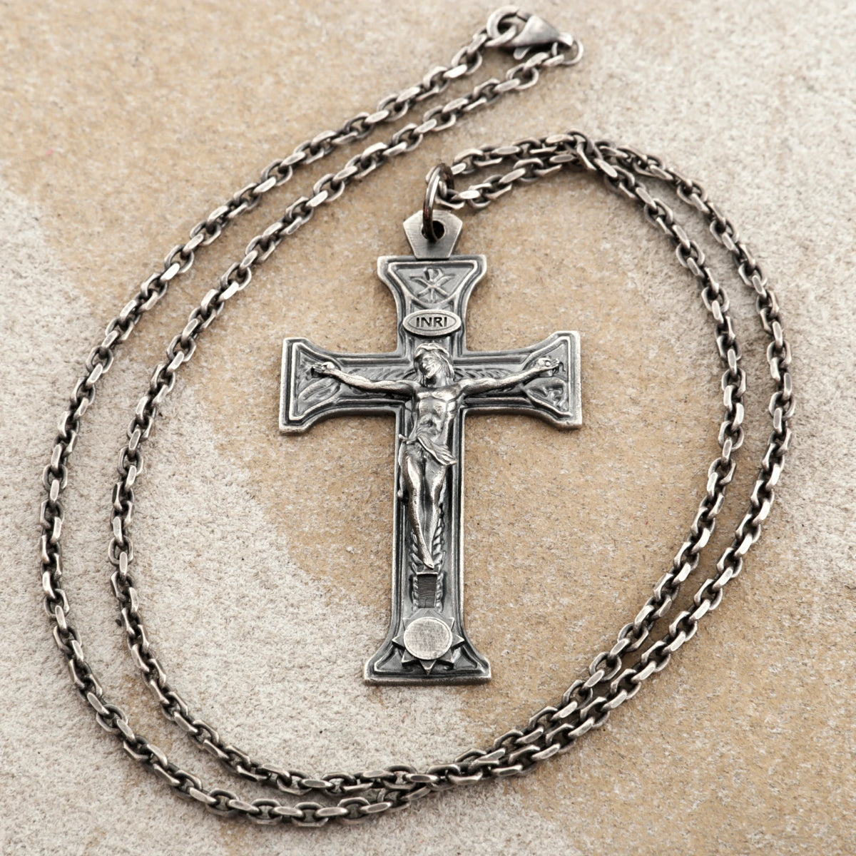 Sacred Chi-Rho Crucifix Pendant, Engravable 925 Sterling Silver Holy Christ Faith Cross