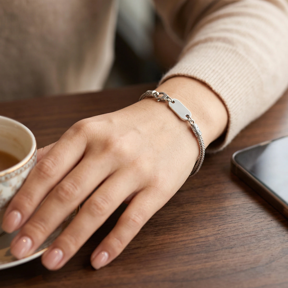 925 Sterling Silver Square Foxtail Chain Engravable ID Bracelet