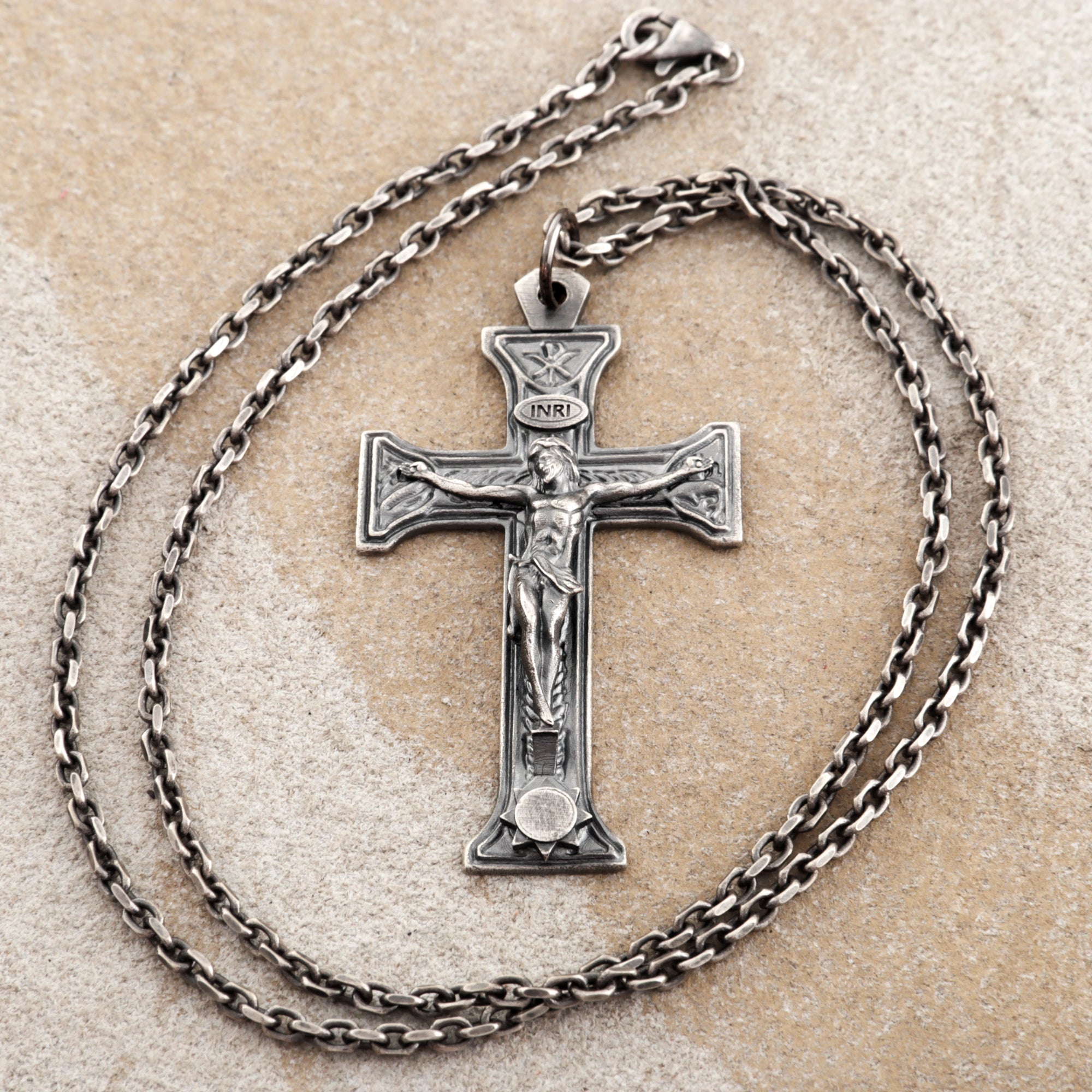 Sacred Chi-Rho Crucifix Pendant, Engravable 925 Sterling Silver Holy Christ Faith Cross
