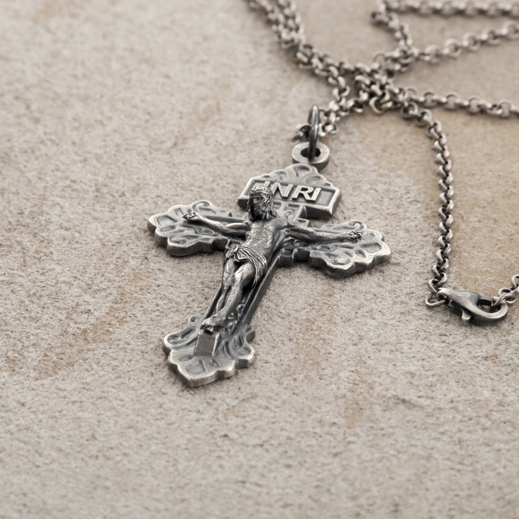 Sacred INRI Jesus Crucifix Pendant, Engravable Solid 925 Sterling Silver Holy Christian Faith Cross