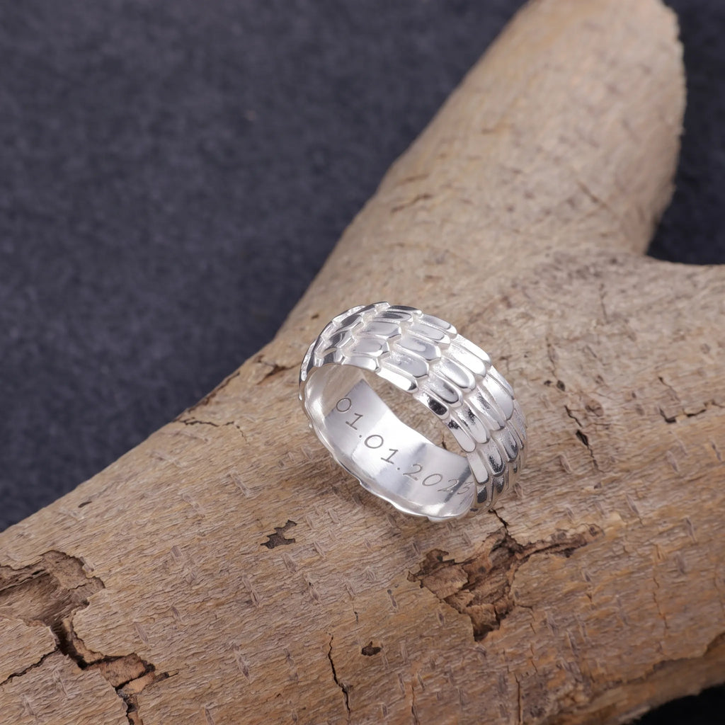 Men's Dragon Scale Ring, Personalized 925 Sterling Silver Band for Men, Custom Engraved Armor Promise Ring Gift
