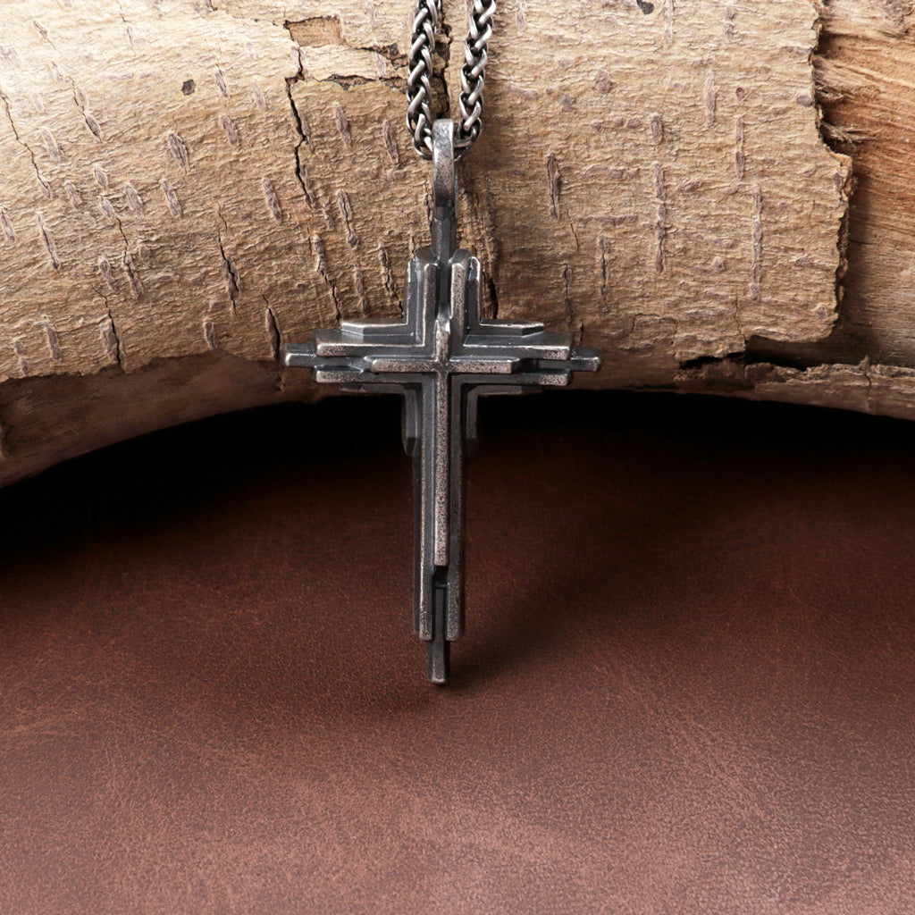 Engraved 925 Sterling Silver Layered Cross Necklace for Sacred Faith & Protection