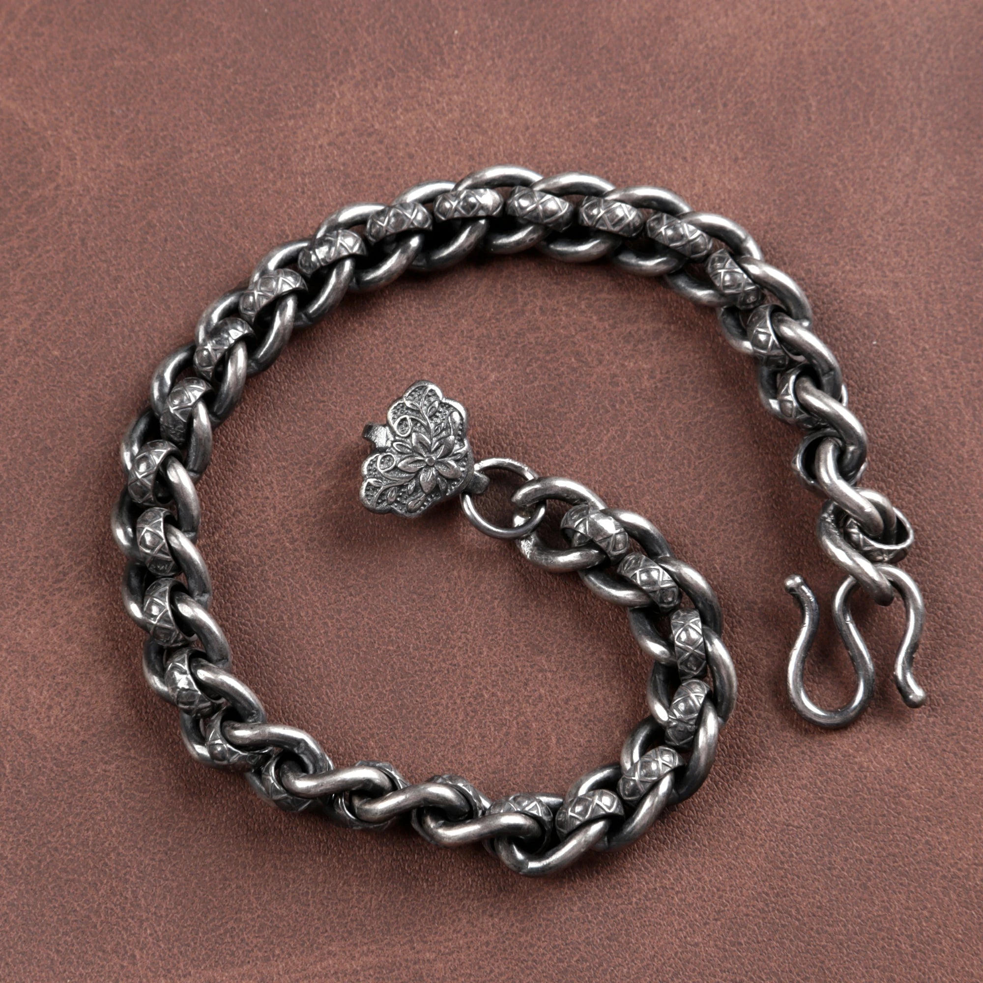 Vintage 925 Sterling Silver Floral Clasp Chain Bracelet for Women