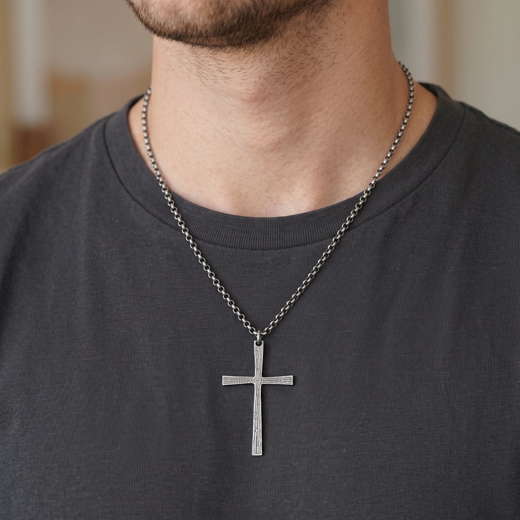 925 Sterling Silver Engravable Textured Cross Pendant Illuminated By Divine Grace