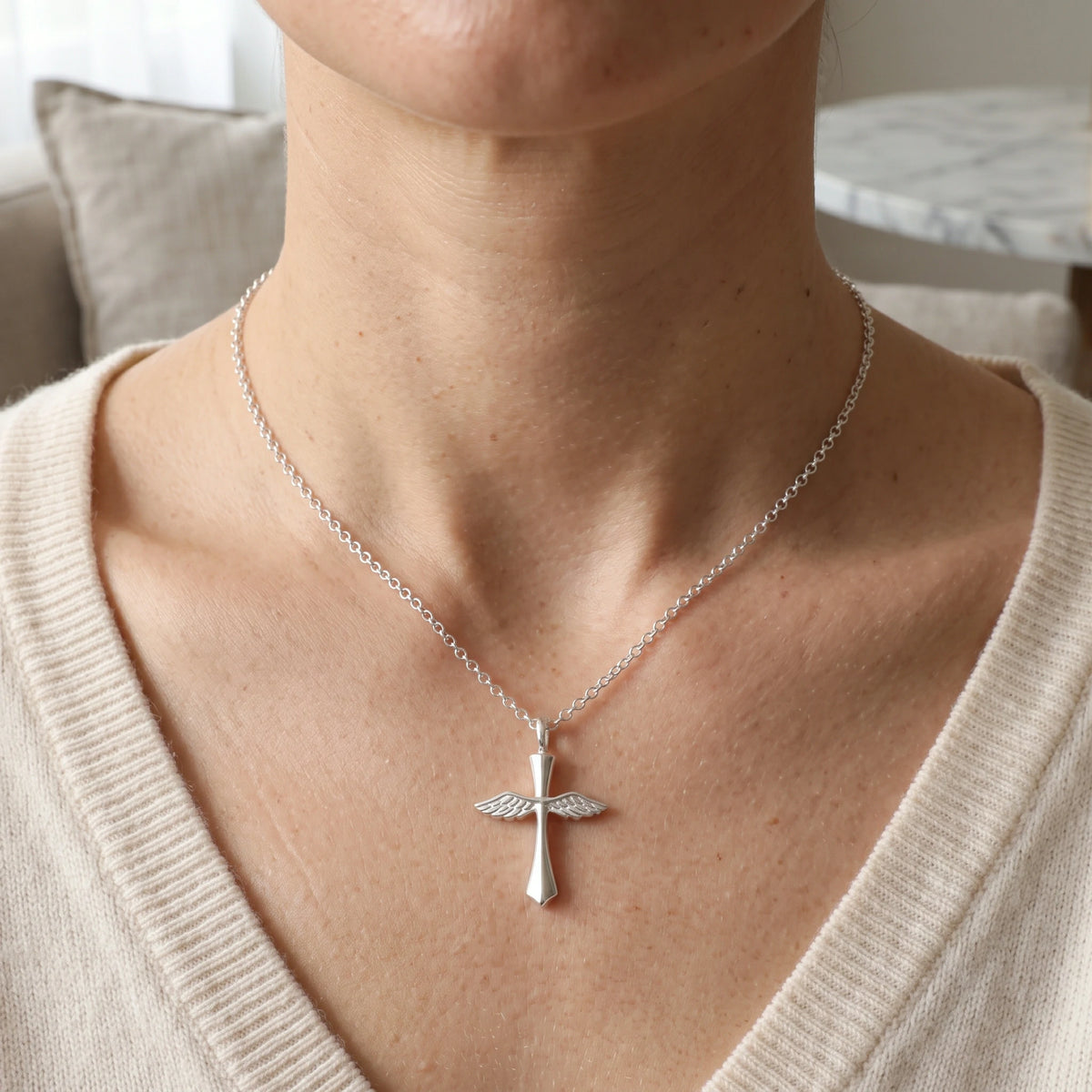 Custom 925 Sterling Silver Angel Wings Cross Pendant Bringing Holy Protection And Grace