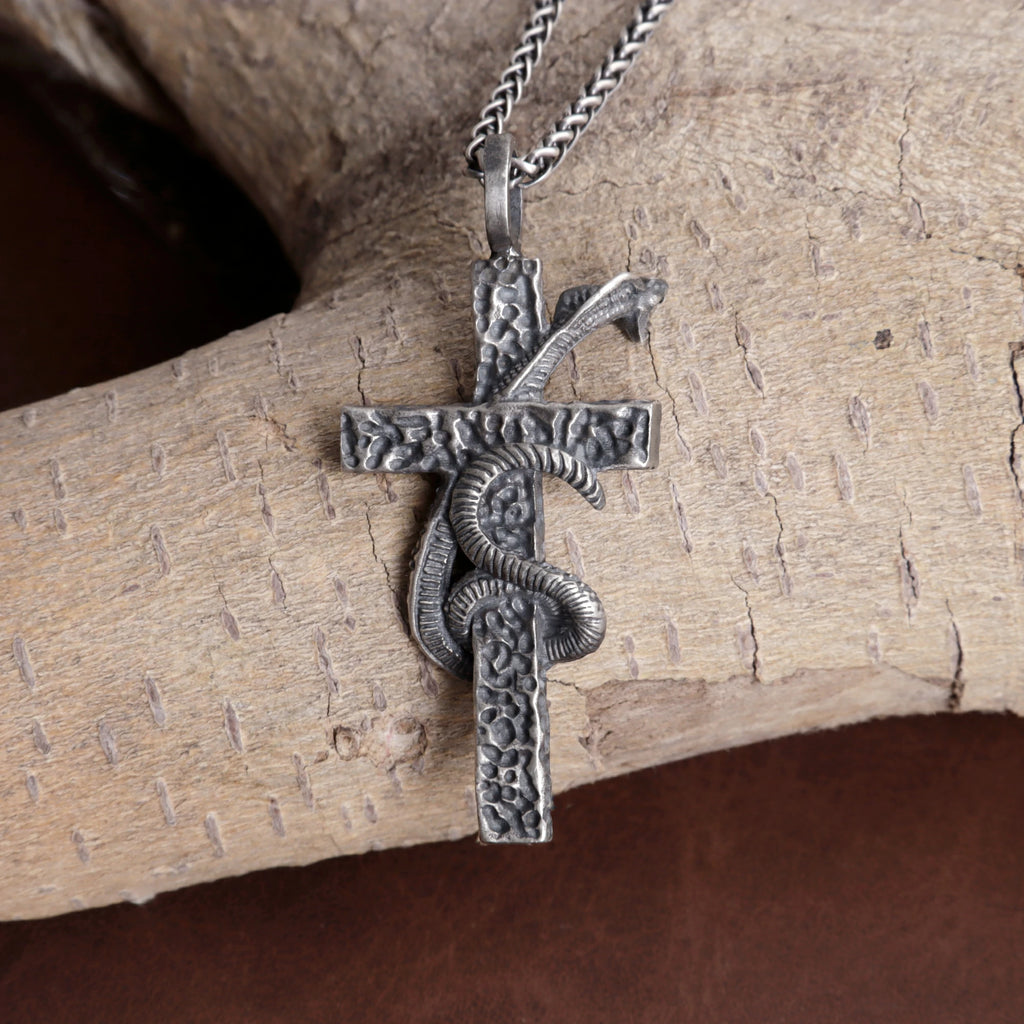 925 Sterling Silver Serpent Cross Pendant Conquering Evil With Divine Healing Faith
