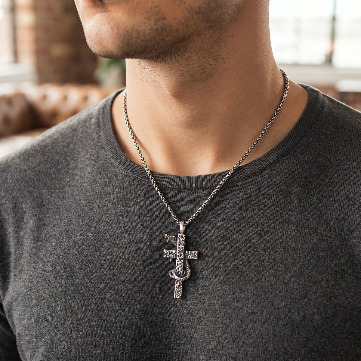 925 Sterling Silver Serpent Cross Pendant Conquering Evil With Divine Healing Faith