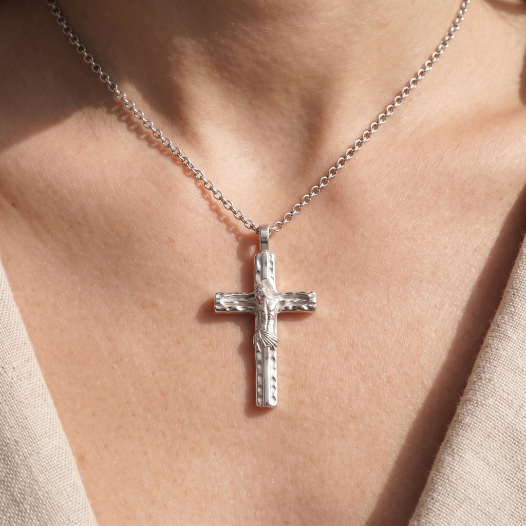 Sacred Jesus Crucifix Pendant, Engravable Solid 925 Sterling Silver Christian Faith Cross Necklace