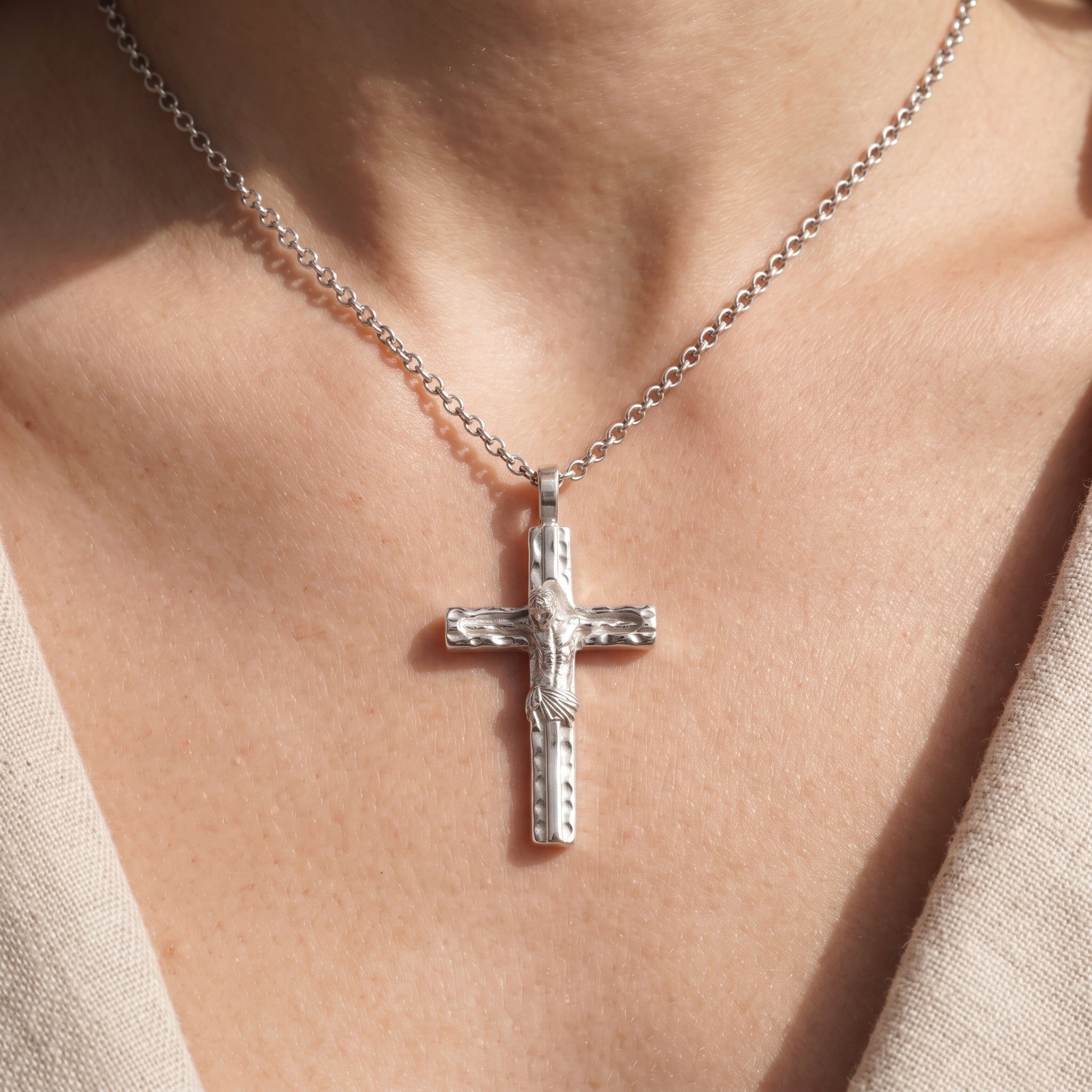 Sacred Jesus Crucifix Pendant, Engravable Solid 925 Sterling Silver Christian Faith Cross Necklace