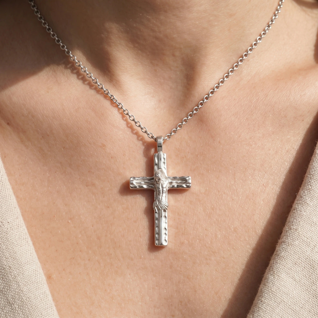 Sacred Jesus Crucifix Pendant, Engravable Solid 925 Sterling Silver Christian Faith Cross Necklace