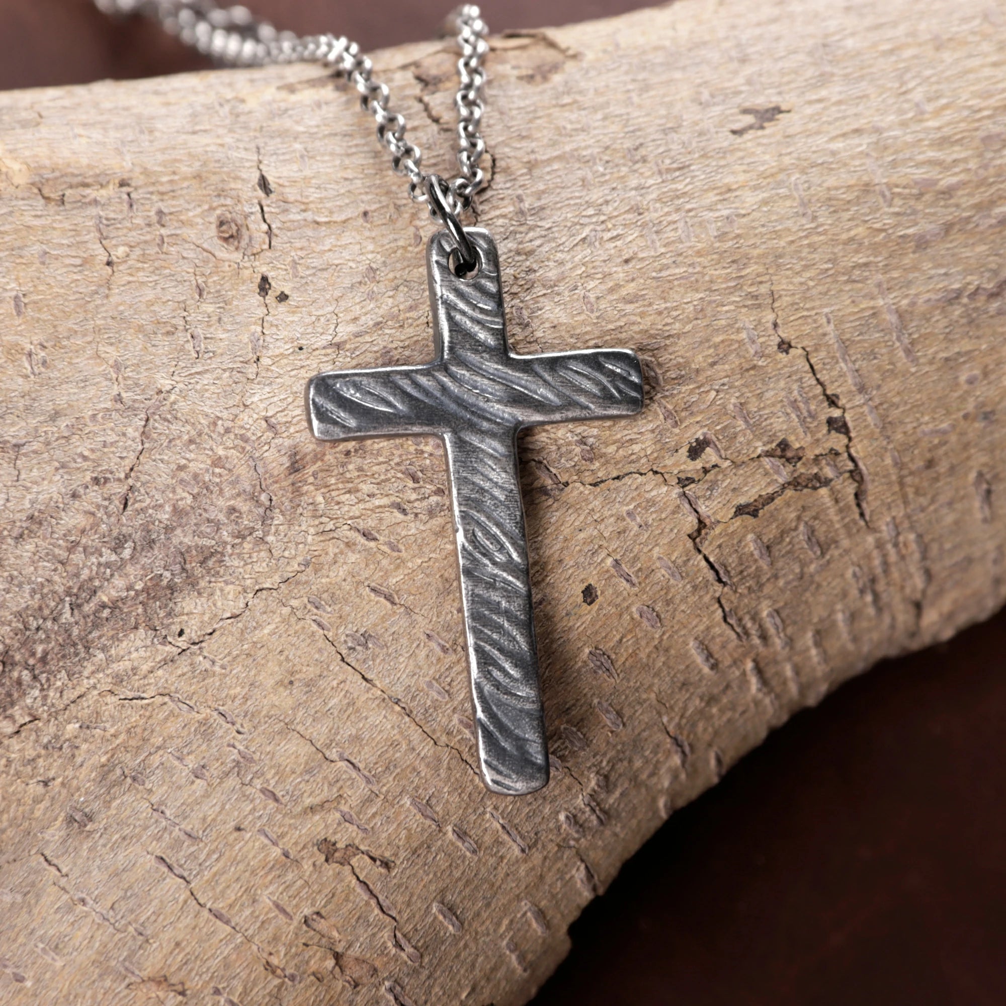 925 Sterling Silver Hammered Cross Durable Faith Protection Necklace