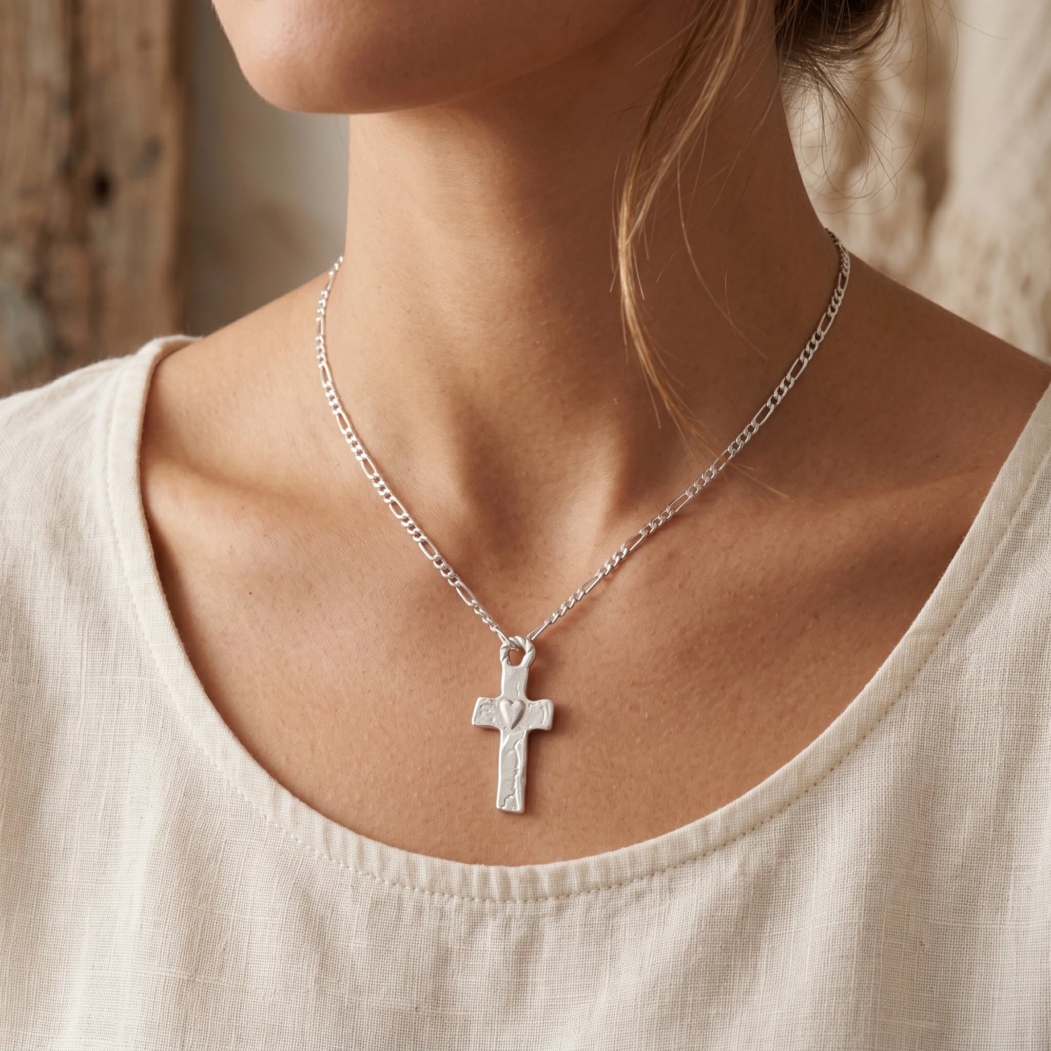 Rustic 925 Sterling Silver Sacred Heart Cross Necklace for Faith & Protection