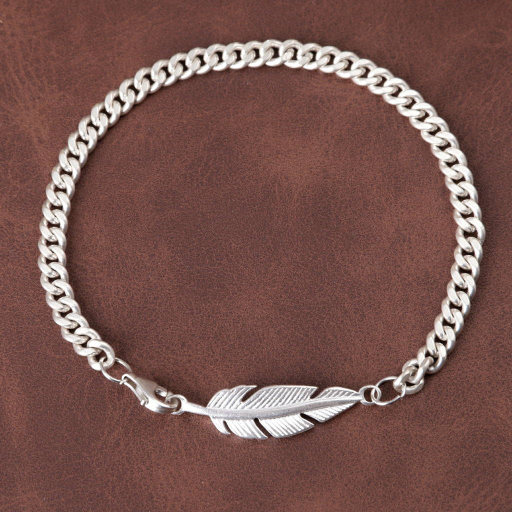 925 Sterling Silver Feather Curb Chain Bracelet With Custom Engravable Clasp Back