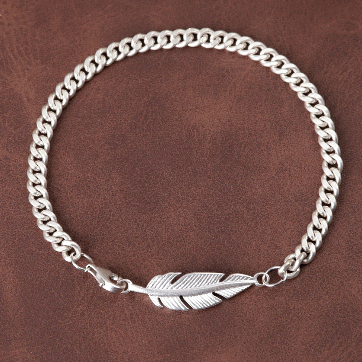 925 Sterling Silver Feather Curb Chain Bracelet With Custom Engravable Clasp Back