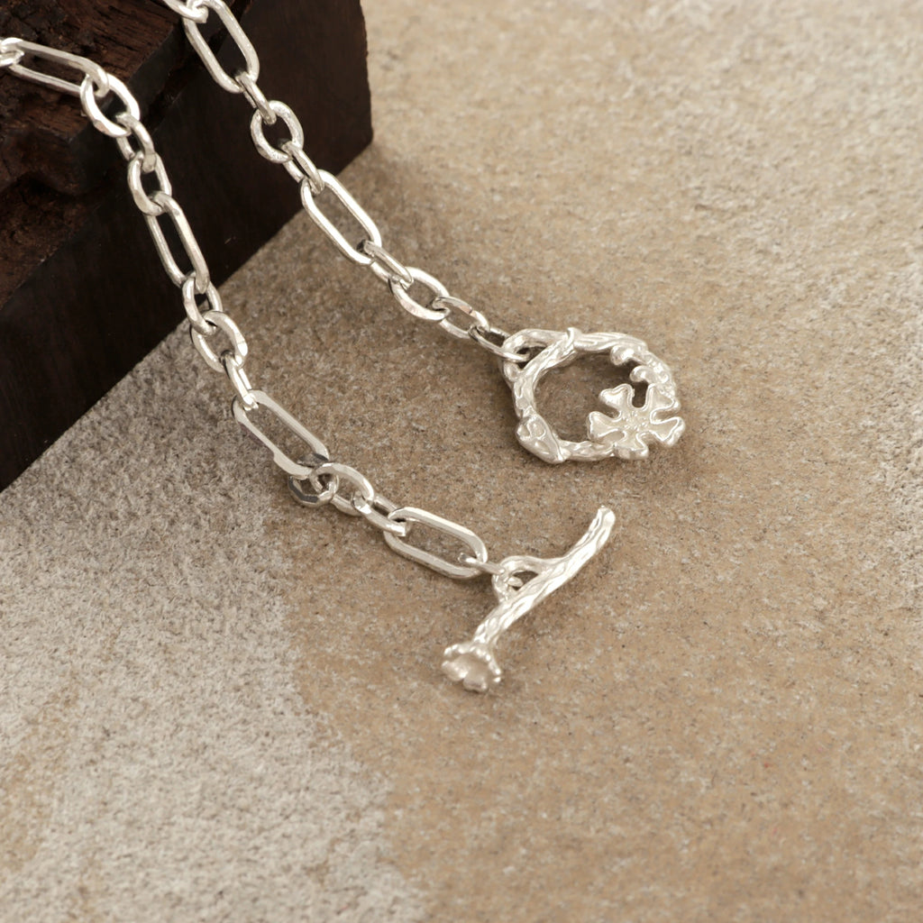 925 Sterling Silver Floral Branch Toggle Clasp Durable Link Chain Bracelet