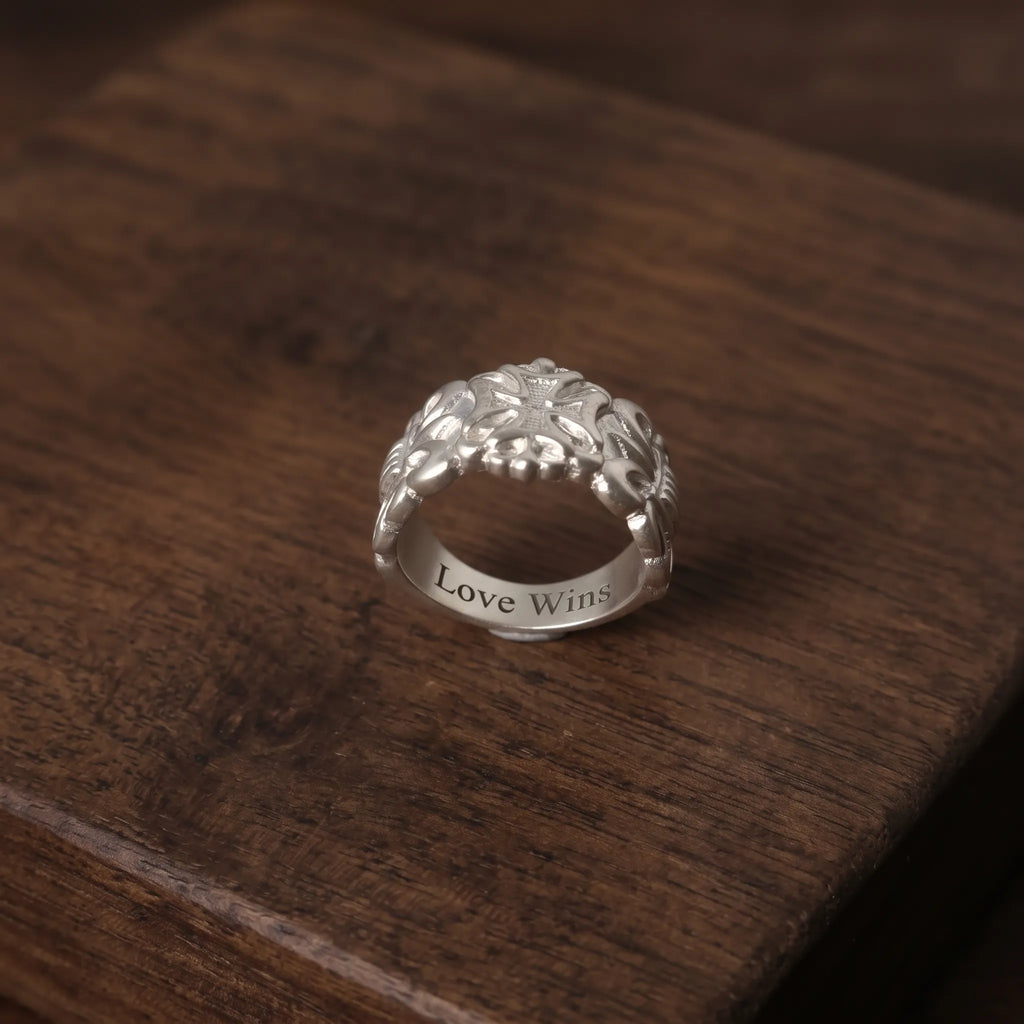 925 Sterling Silver Fleur de Lis Gothic Band, Personalized Biker Promise Ring, Religious Gift for Him