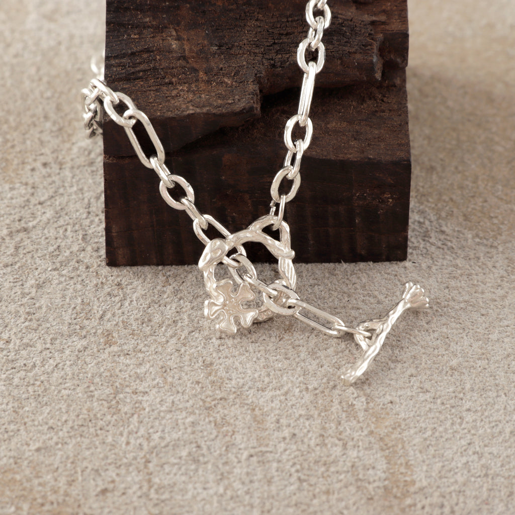 925 Sterling Silver Floral Branch Toggle Clasp Durable Link Chain Bracelet