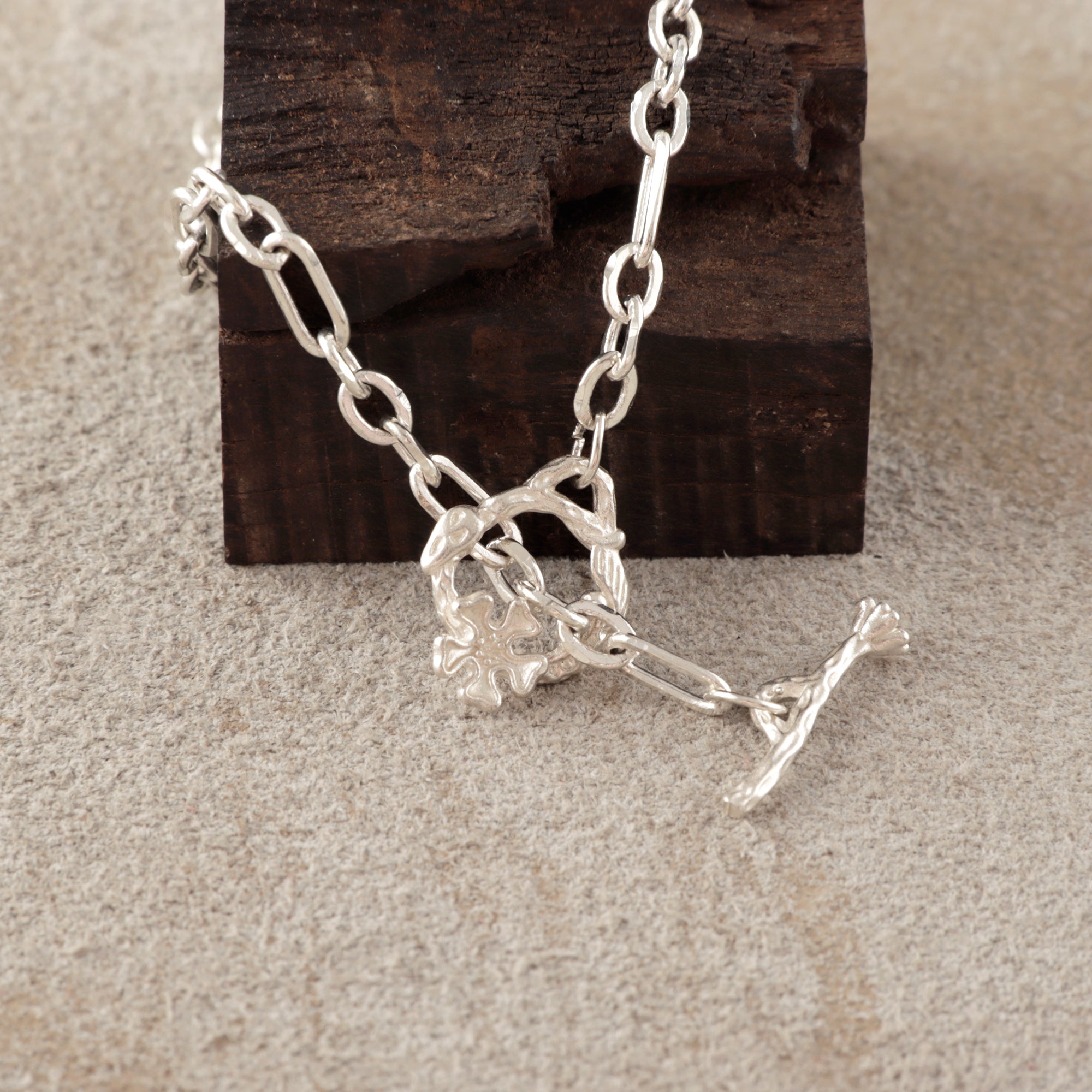 925 Sterling Silver Floral Branch Toggle Clasp Durable Link Chain Bracelet