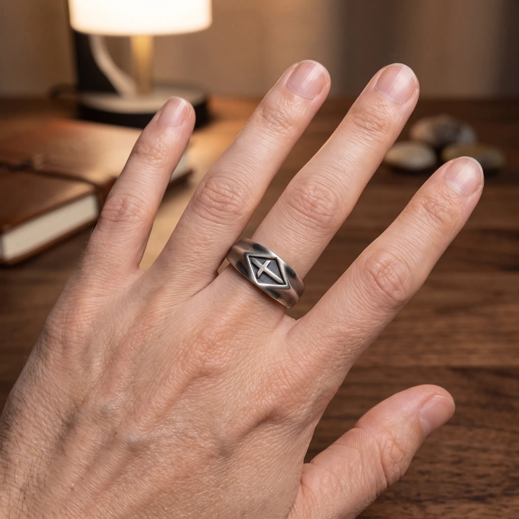 Vintage Templar Cross Signet Ring, Custom Engraved 925 Sterling Silver Band, Personalized Faith Religious Ring for Men
