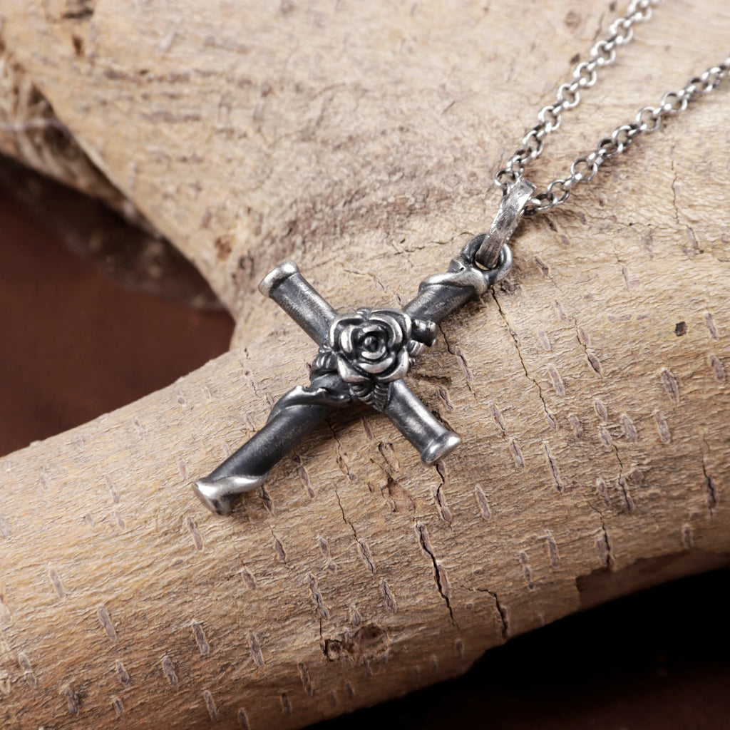 925 Sterling Silver Rose Cross Durable Faith Pendant Necklace Gift for Women