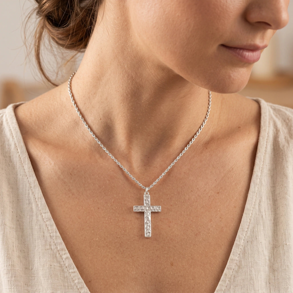 925 Sterling Silver Hammered Cross Durable Faith Pendant Necklace Gift