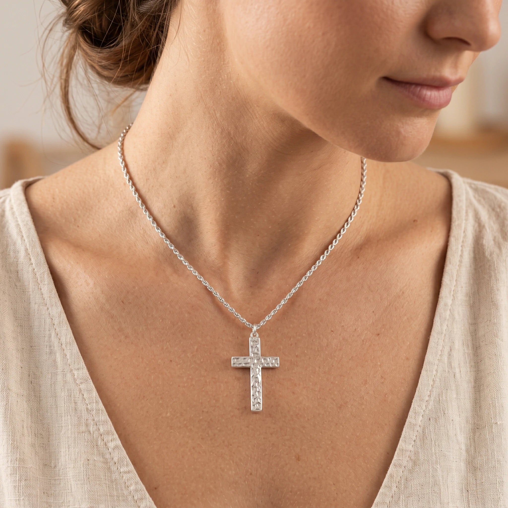 925 Sterling Silver Hammered Cross Durable Faith Pendant Necklace Gift