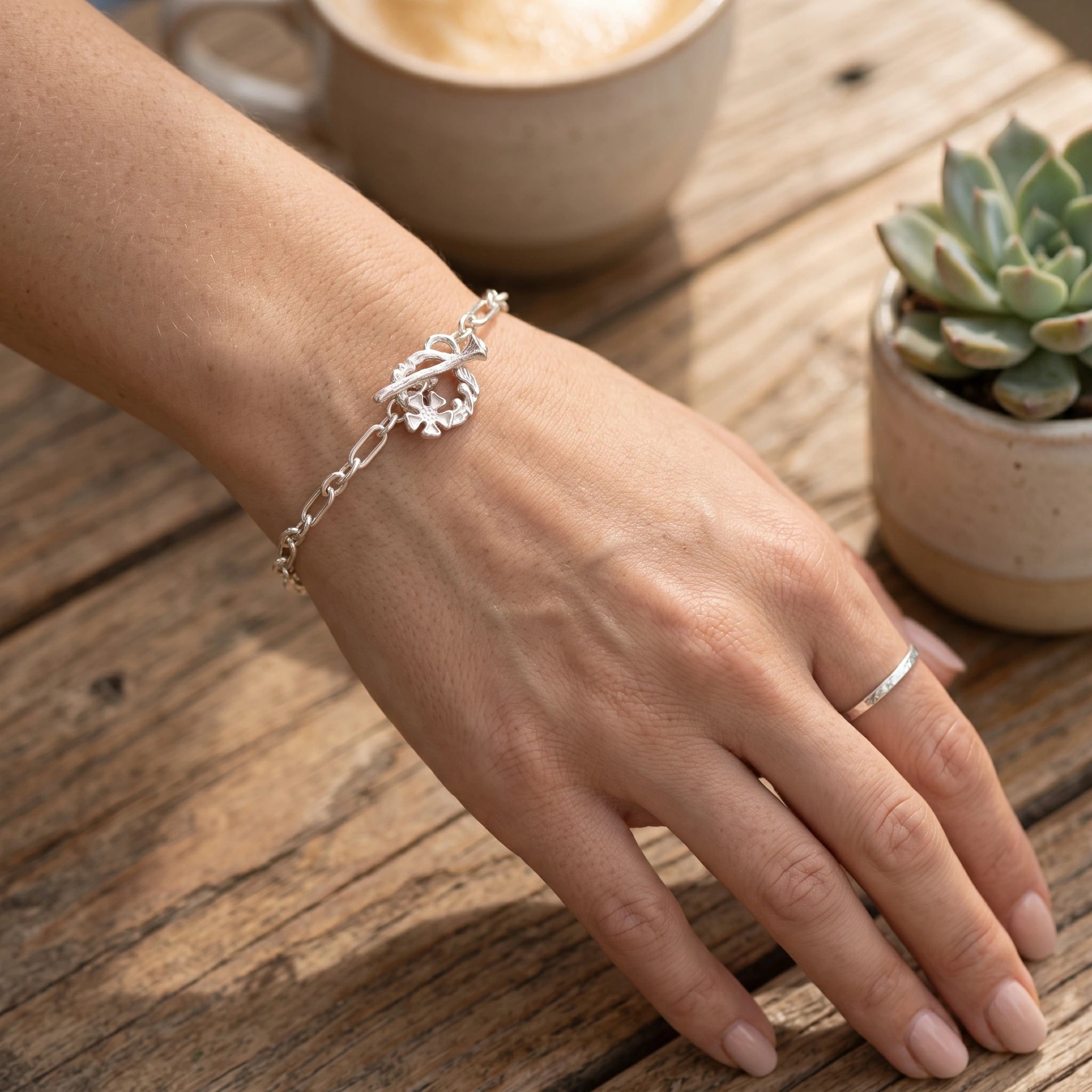 925 Sterling Silver Floral Branch Toggle Clasp Durable Link Chain Bracelet