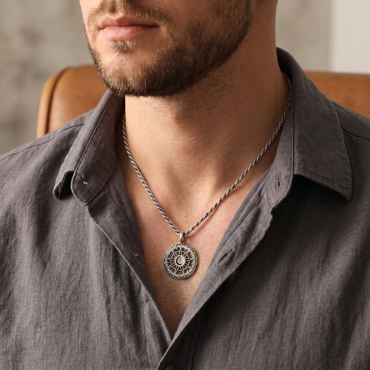 925 Sterling Silver Sun and Moon Pendant Necklace, Celestial Compass Astrolabe Jewelry