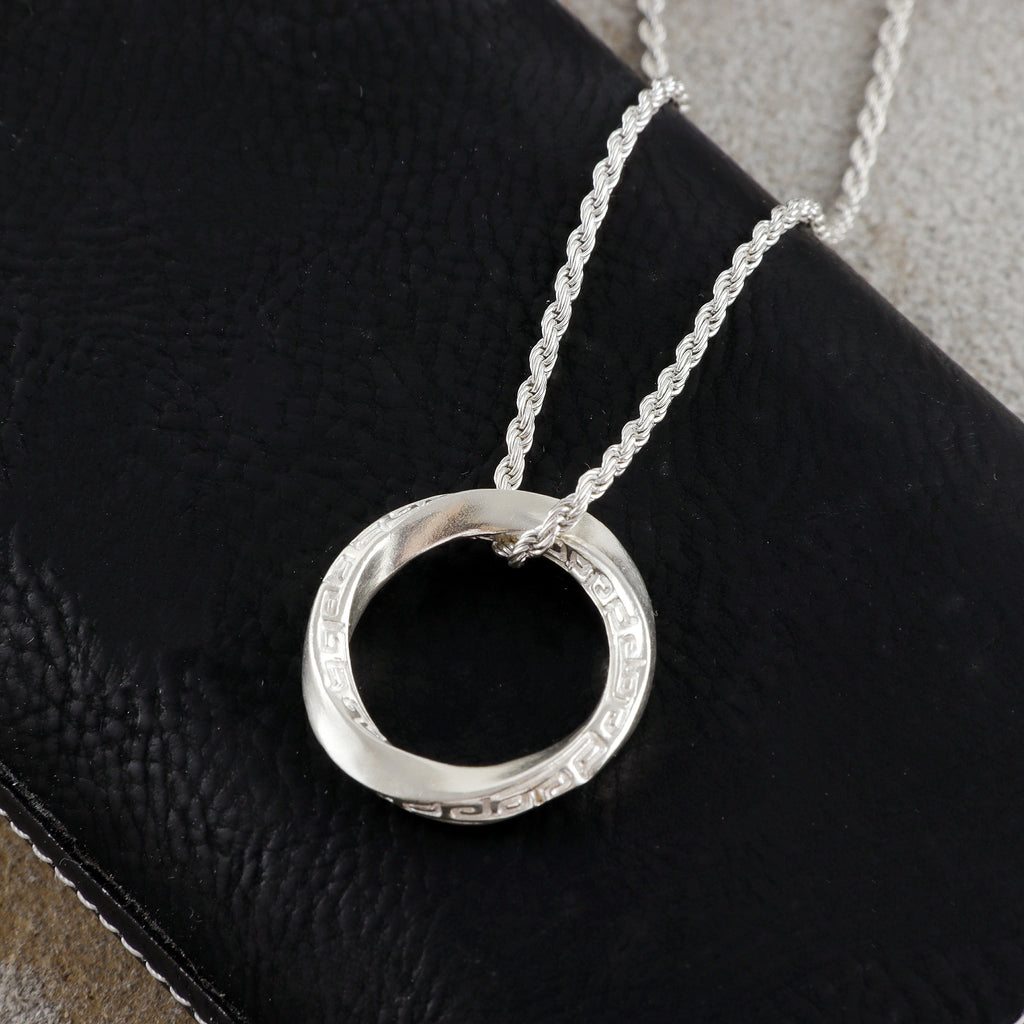 925 Sterling Silver Mobius Ring Pendant Necklace, Vintage Greek Key Eternity Jewelry