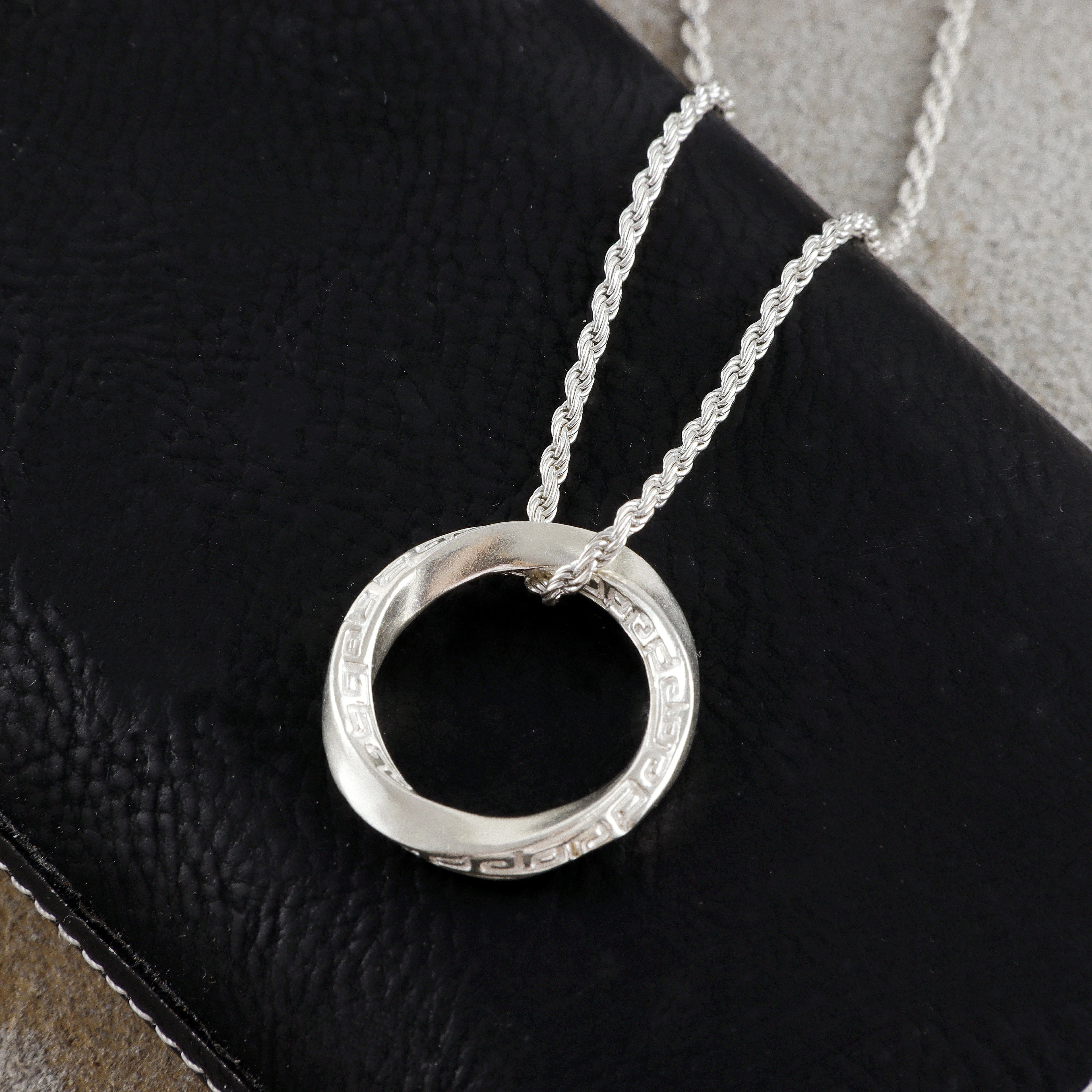 925 Sterling Silver Mobius Ring Pendant Necklace, Vintage Greek Key Eternity Jewelry