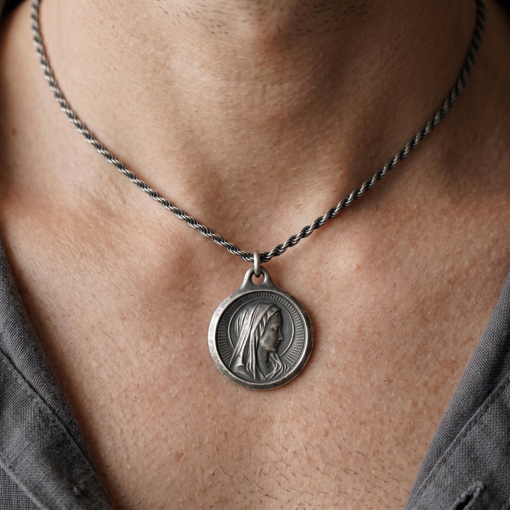 925 Sterling Silver Virgin Mary Medal Pendant, Vintage Religious Madonna Necklace