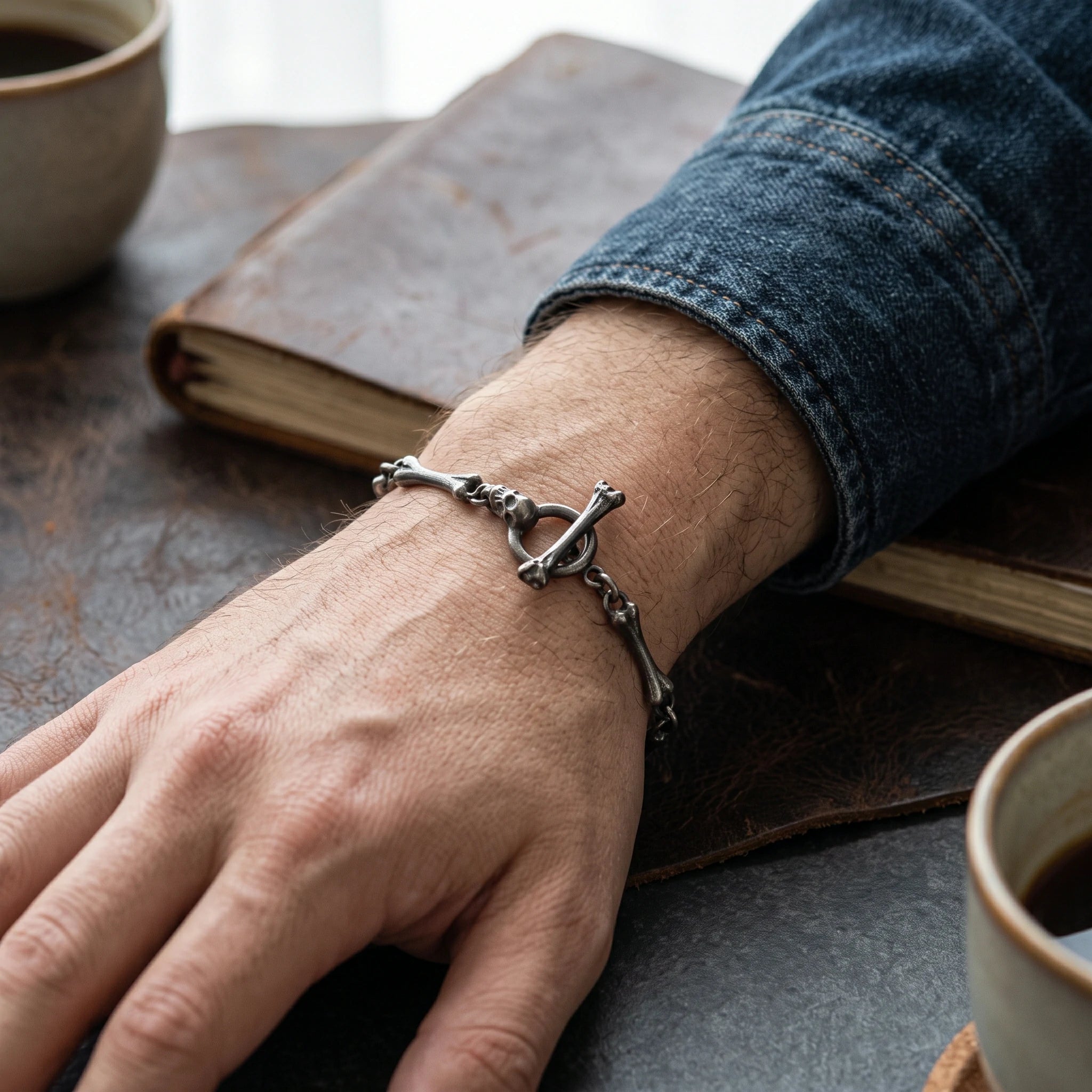 Gothic Bone Link Bracelet, 925 Sterling Silver Skeleton Skull Toggle Clasp Wristband