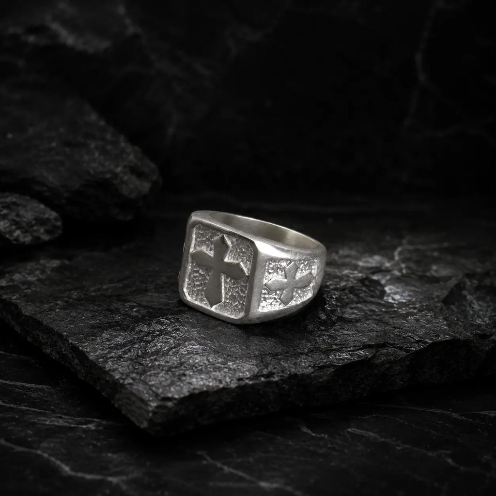 Personalized Men's Cross Signet Ring - Vintage Gift for Him-925 Sterling Silver