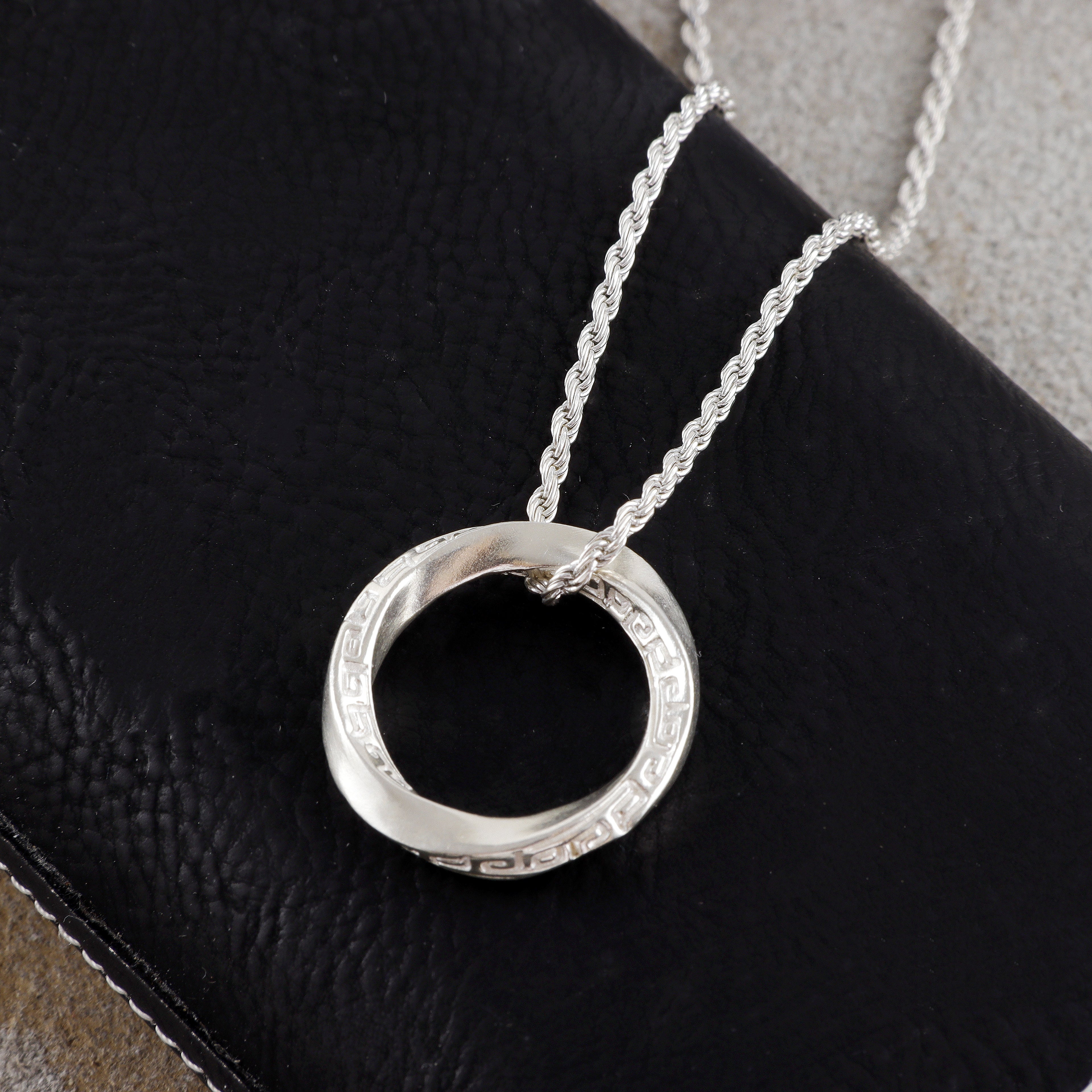 925 Sterling Silver Mobius Ring Pendant Necklace, Vintage Greek Key Eternity Jewelry