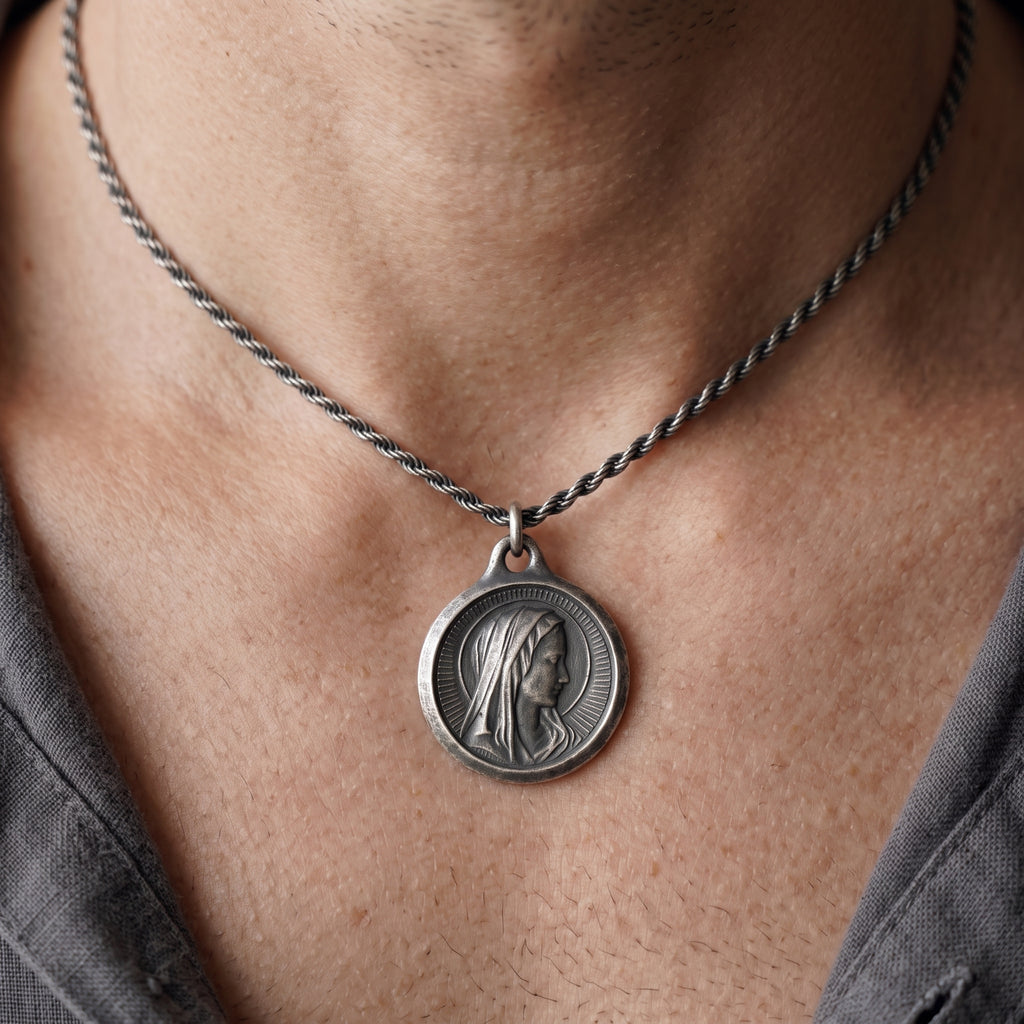 925 Sterling Silver Virgin Mary Medal Pendant, Vintage Religious Madonna Necklace