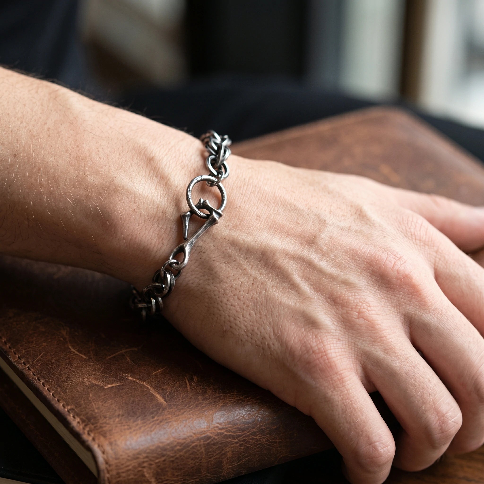Rustic 925 Sterling Silver Heavy Loop Chain Bracelet with Artisan Bone Clasp