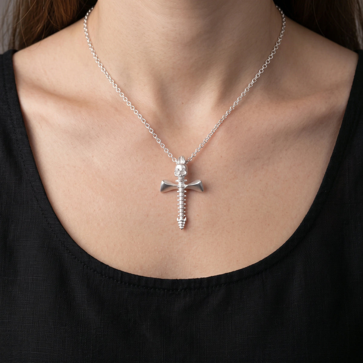 925 Sterling Silver Skull Spine Cross Pendant Symbolizing Victory Over Death And Faith