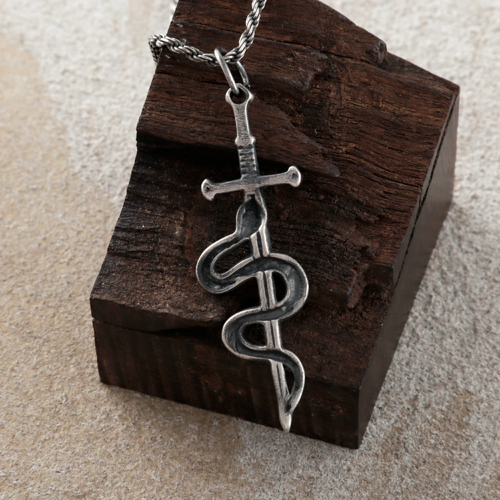 925 Sterling Silver Vintage Durable Snake and Sword Pendant Necklace