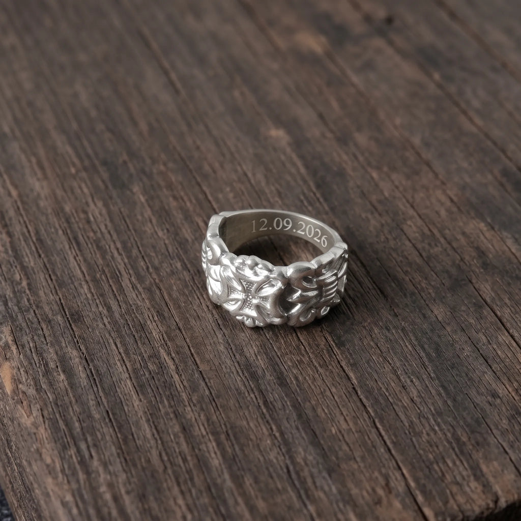 925 Sterling Silver Fleur de Lis Gothic Band, Personalized Biker Promise Ring, Religious Gift for Him