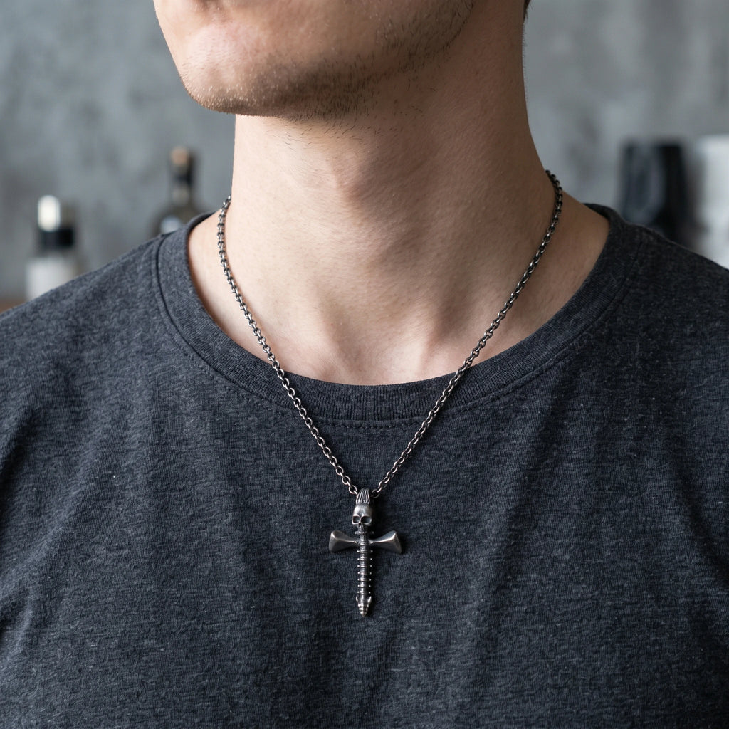925 Sterling Silver Skull Spine Cross Pendant Symbolizing Victory Over Death And Faith