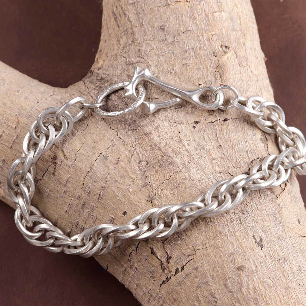 Rustic 925 Sterling Silver Heavy Loop Chain Bracelet with Artisan Bone Clasp