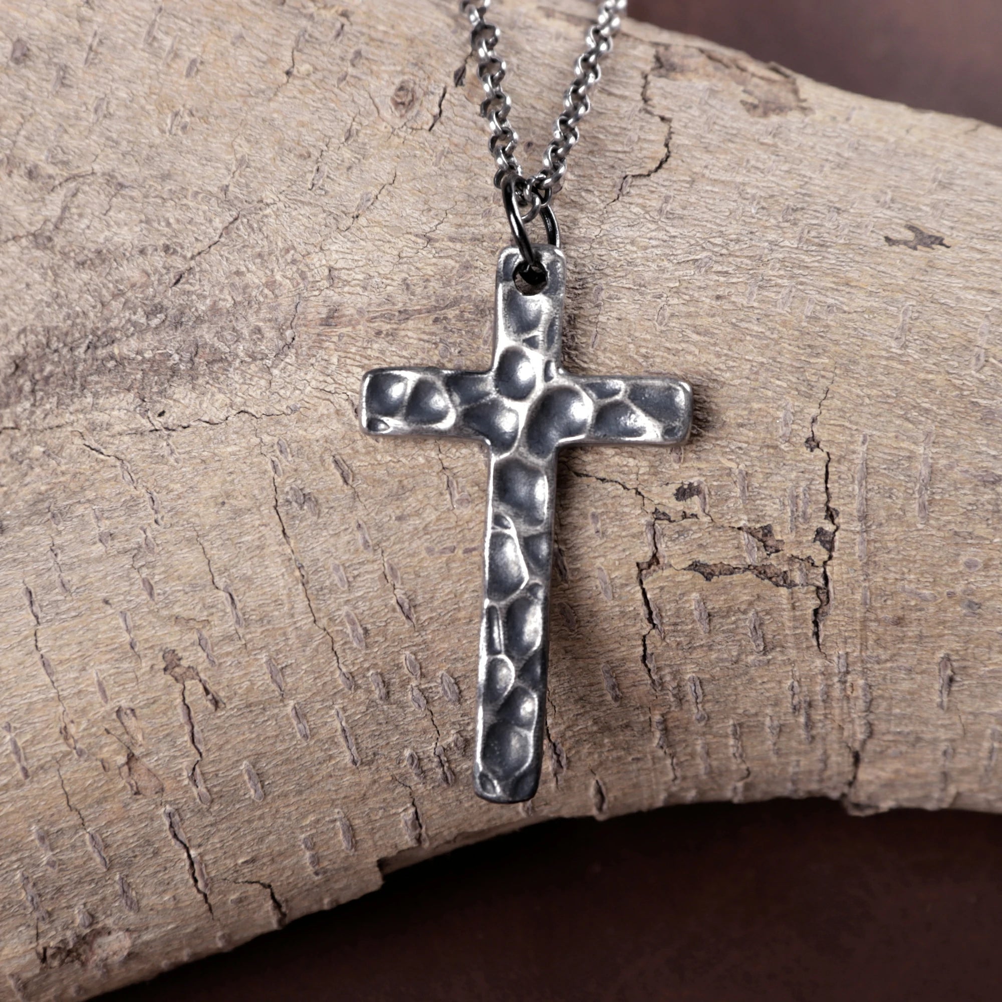 925 Sterling Silver Hammered Cross Durable Faith Protection Necklace