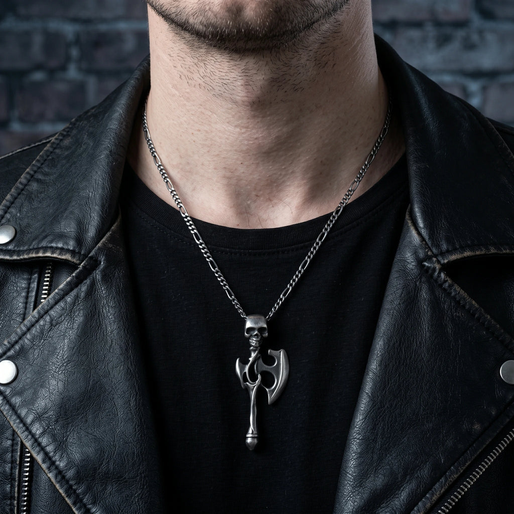 925 Sterling Silver Gothic Skull Battle Axe Durable Viking Warrior Pendant