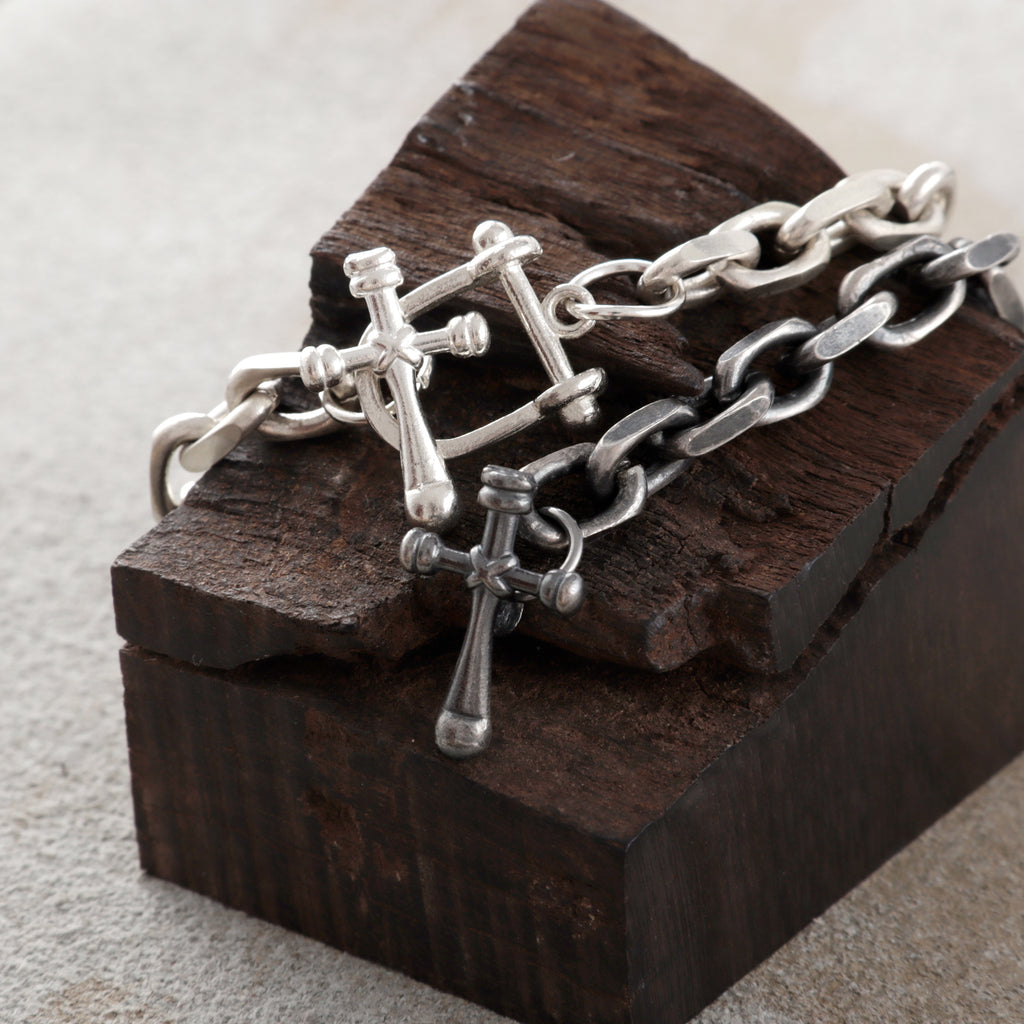 925 Sterling Silver Horseshoe Shackle Crucifix Bar Durable Link Chain Bracelet