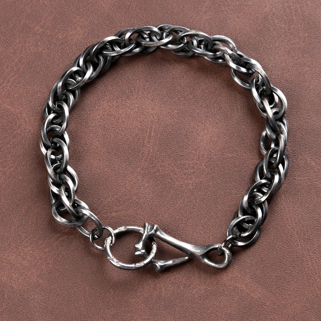 Rustic 925 Sterling Silver Heavy Loop Chain Bracelet with Artisan Bone Clasp