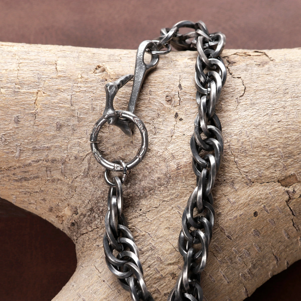 Rustic 925 Sterling Silver Heavy Loop Chain Bracelet with Artisan Bone Clasp