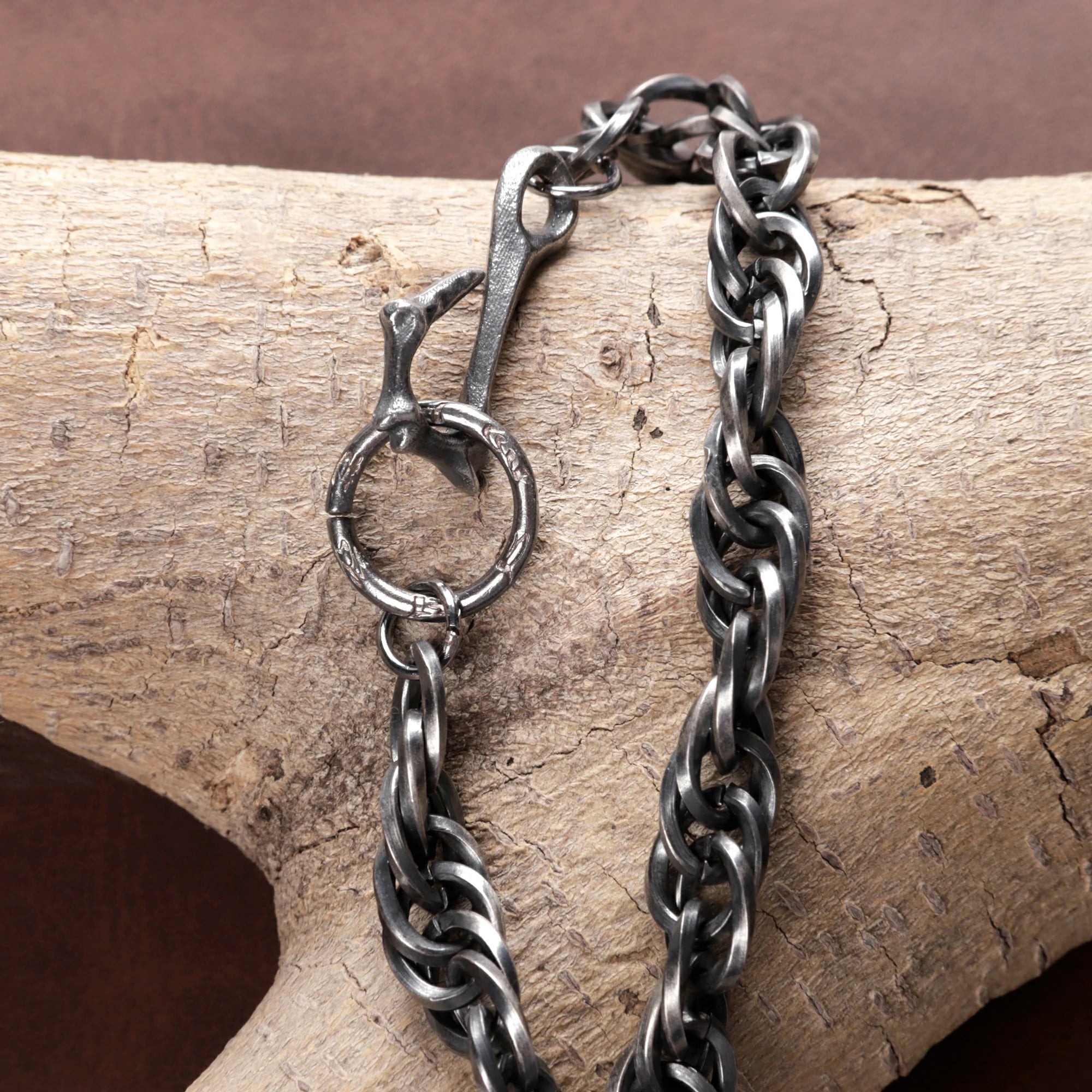 Rustic 925 Sterling Silver Heavy Loop Chain Bracelet with Artisan Bone Clasp