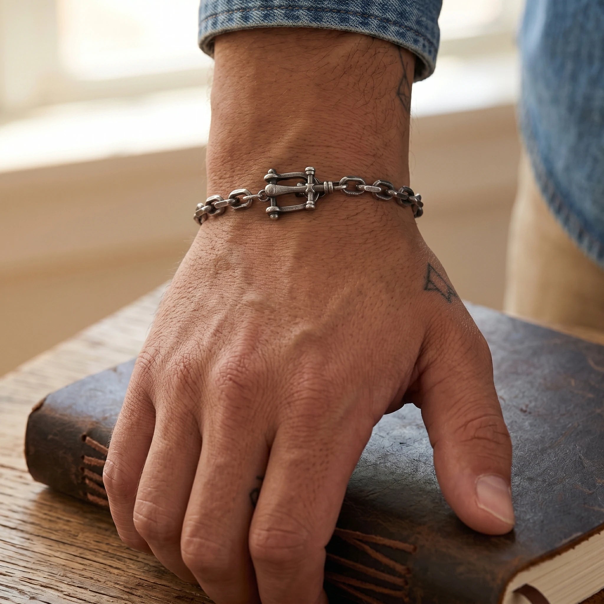 925 Sterling Silver Horseshoe Shackle Crucifix Bar Durable Link Chain Bracelet