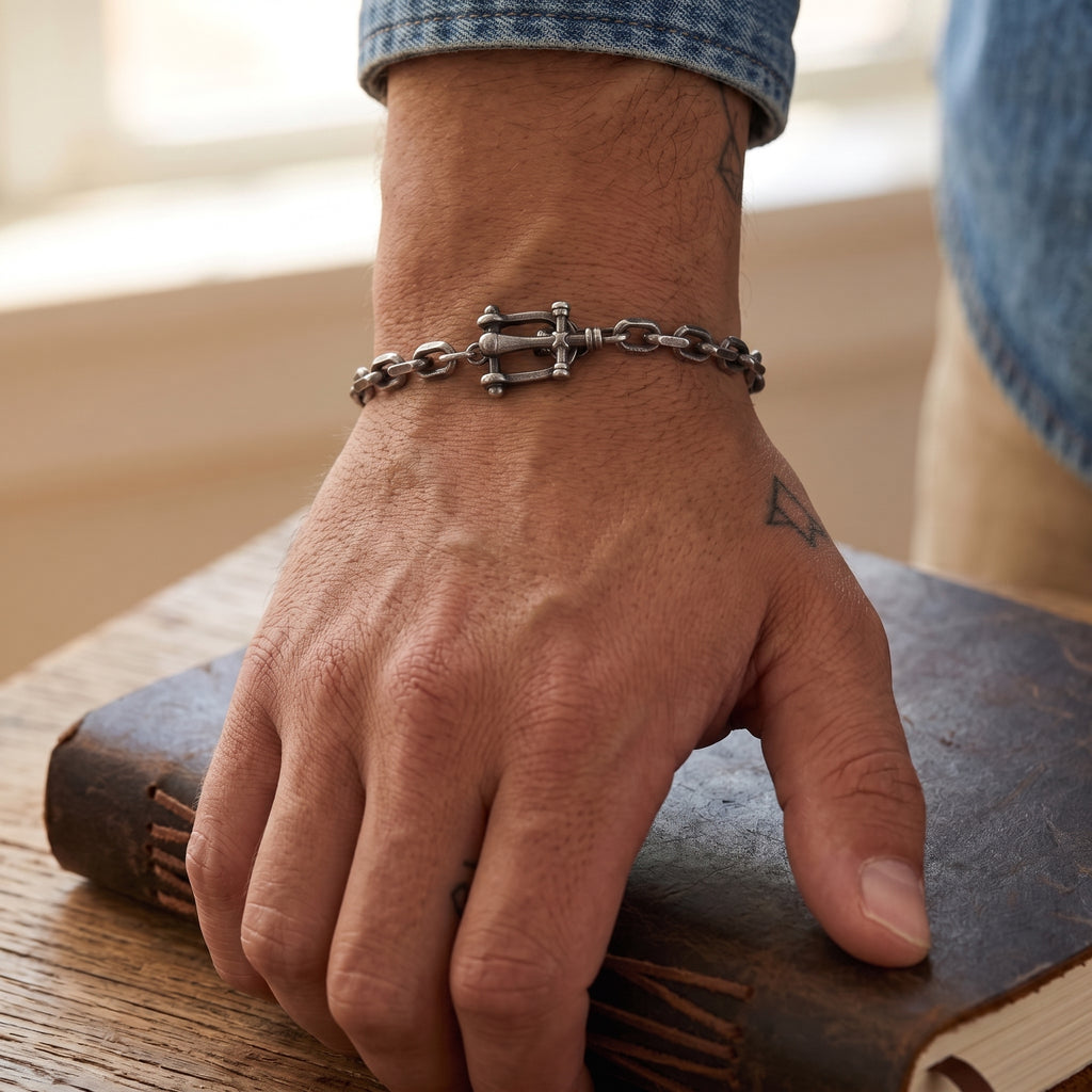 925 Sterling Silver Horseshoe Shackle Crucifix Bar Durable Link Chain Bracelet